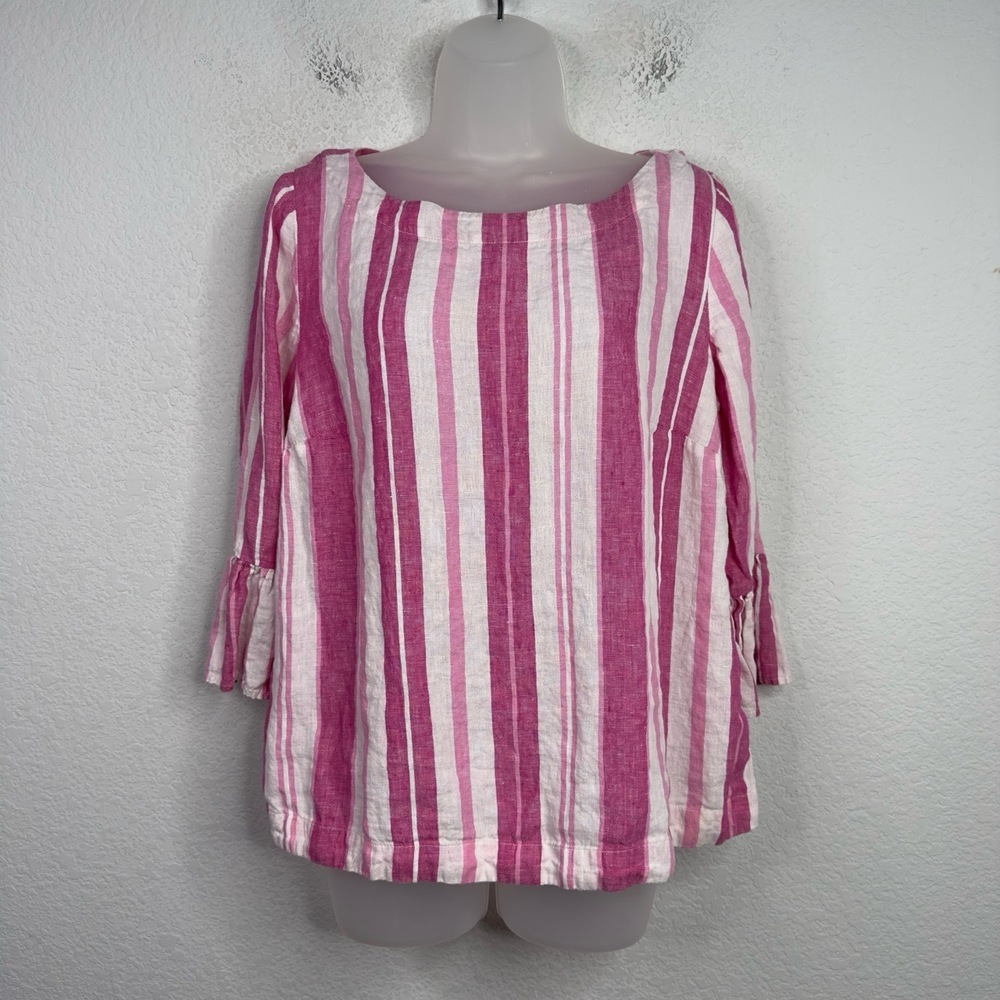 Charter Club‎ Shirt Womens M Pink White Linen Striped Ruffle Sleeve Coastal Boho
